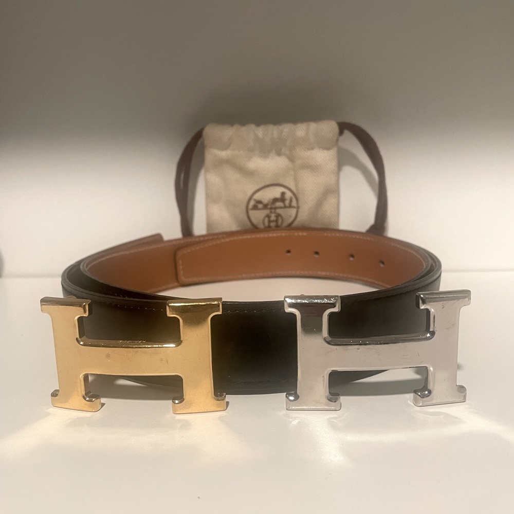 HERMES Constance belt buckles silver and gold with Reversible leather belt
